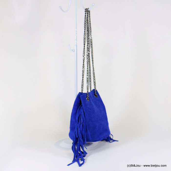 sac seau franges cuir véritable velours faux-daim femme 0917092 bleu indigo