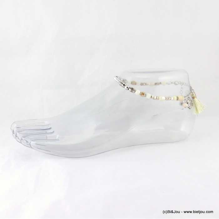 chaine de cheville pompon tassel tissu fleur métallique 0617038 naturel/beige
