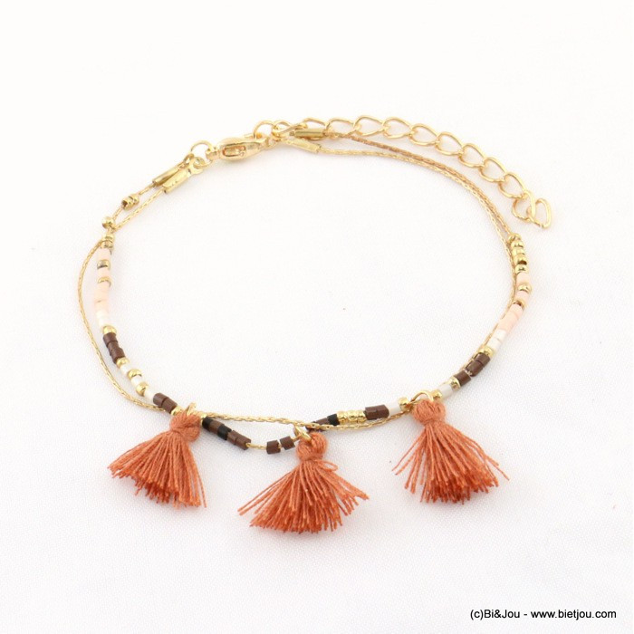 bracelet minimaliste 2-rangs pompon tassel tissu 0217190 marron