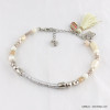 Bracelet de pied en perle avec pompon tassel et fleur métallique beige