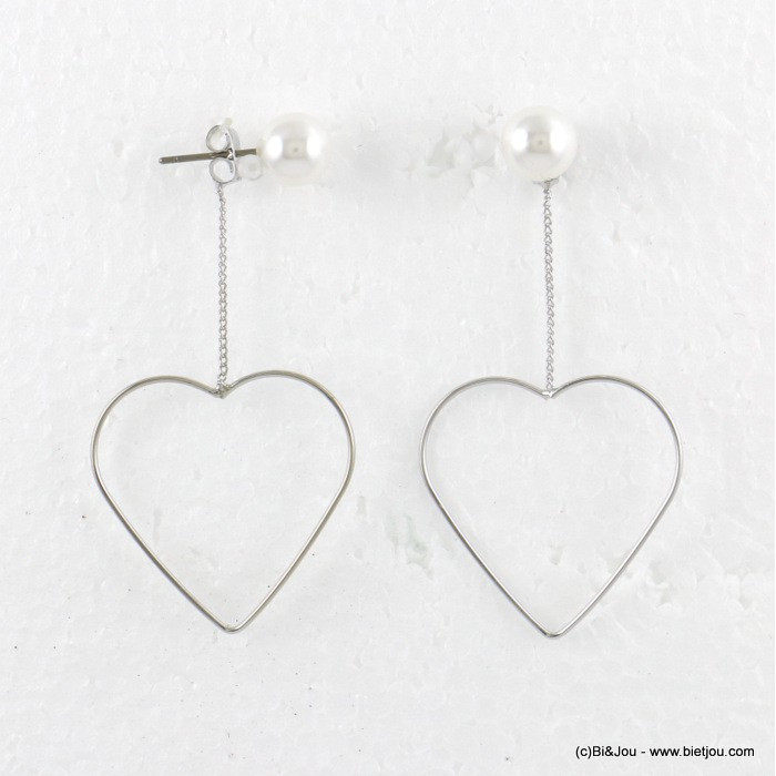 boucles d'oreilles minimaliste coeur imitation perle fermoir poussette 0317517 argenté boucles d'oreilles minimaliste coeur imitation perle fermoir poussette 0317517 argenté