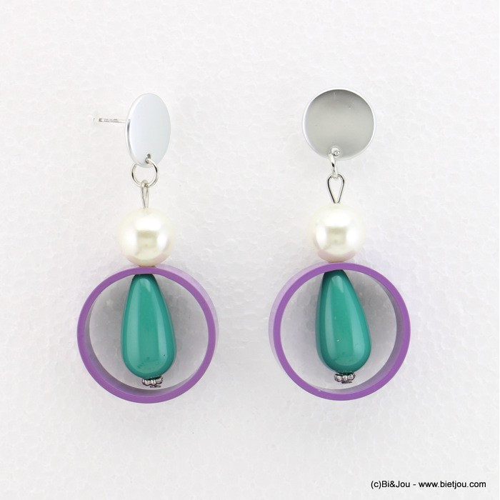 boucles d'oreilles géométrique résine colorée imitation perle 0318115 violet
