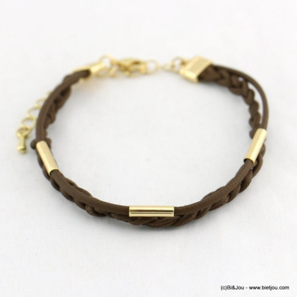 bracelet femme cordon tressé simili-cuir tubes métal 0218069 marron