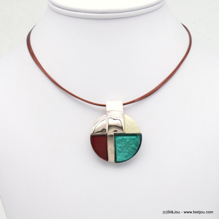 collier pendentif géométrique tricolore résine colorée cables multi-brins 0118528