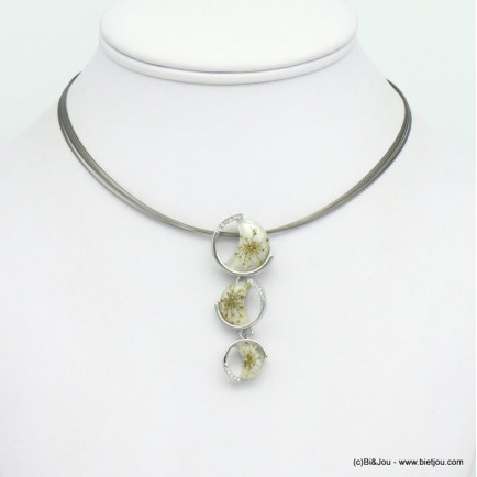 collier pendentif fleurs séchées strass résine métal coloré câble multi-brins femme 0119051