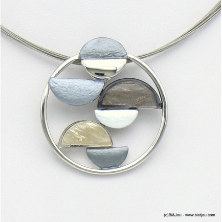 collier pendentif rond demi-lunes résine émail coloré métal câbles multi-brins femme 0119037 noir