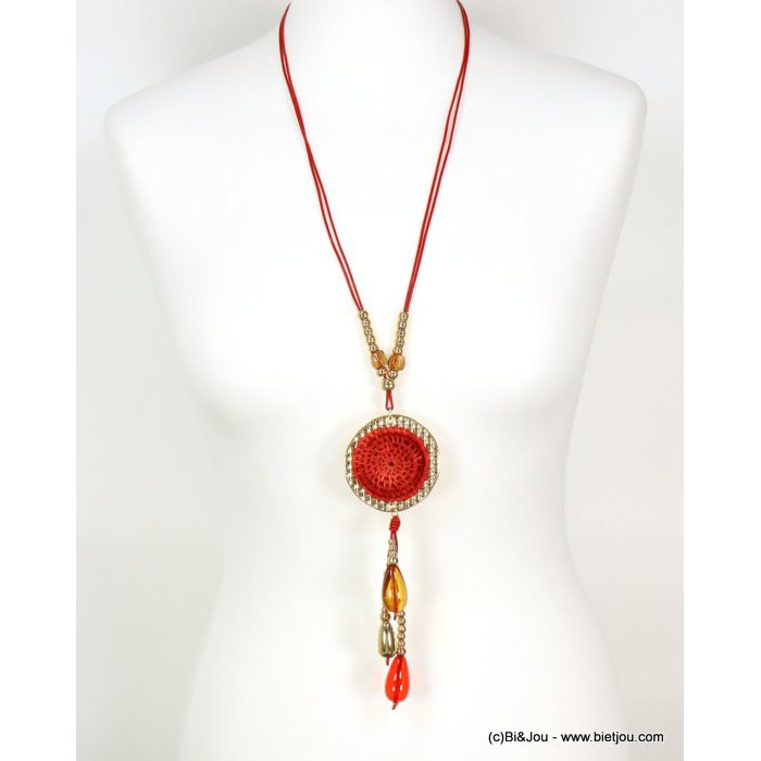 sautoir pendentif métal disque rotin tressé perles gouttes résine 0119006 sautoir pendentif métal disque rotin tressé perles gouttes résine 0119006