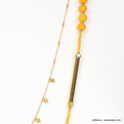 sautoir double-rangs billes verre tubes métal perles rocaille 0119090 jaune