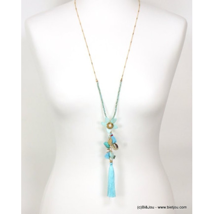sautoir pendentif fleur nacre coquillage cauri pompon tassel fil 0119088