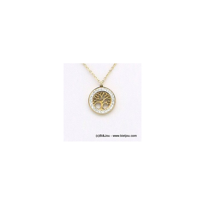 collier pendentif rond arbre de vie acier inoxydable strass 0319179 doré