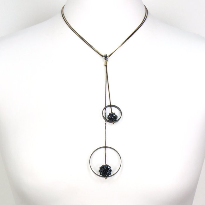 collier forme Y pendentif anneaux métal boules cristal 0119514