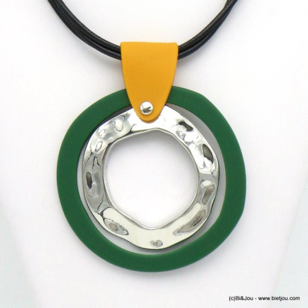 collier vintage anneaux résine métal martelé 0119589 vert kaki