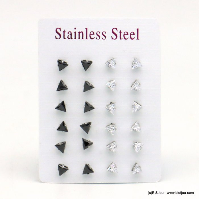12 paires de puce d'oreilles triangle zirconium noir & transparent acier inoxydable 5mm 0319540