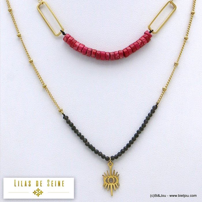 collier double-rangs layered oeil grec protecteur acier cristal pierre reconstituée 0119602 rouge bordeaux