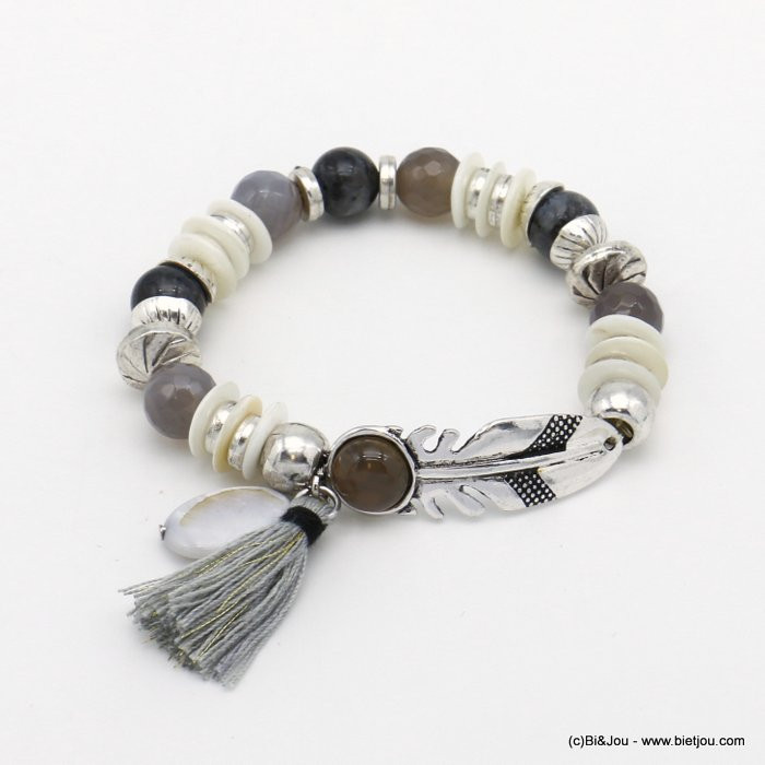 bracelet élastique plume métal billes pierre verre nacre pompon fil 0216165