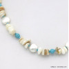 collier de plage éclats pierre nacre bouton métal 0120076 bleu turquoise collier de plage éclats pierre nacre bouton métal 0120076 bleu turquoise
