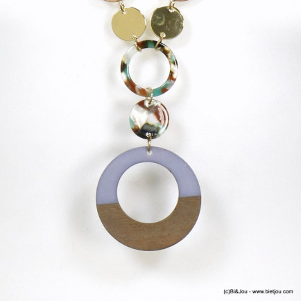 sautoir plage pendentif anneaux bois resine colorée disques métal doré femme 0120118 gris clair