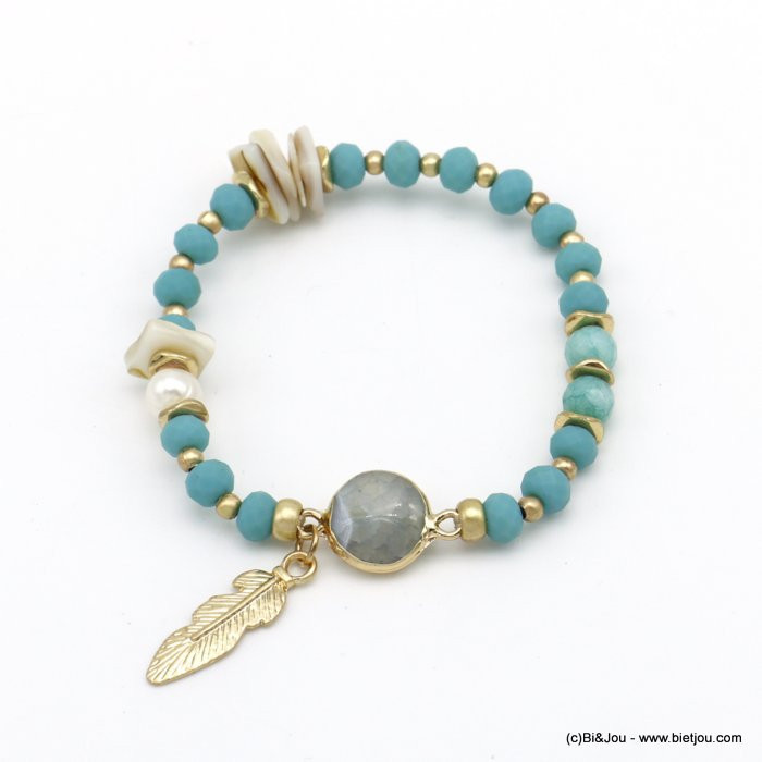 bracelet élastique plume métal pierre naturelle perle eau douce nacre cristal mat femme 0220091