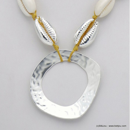 collier plage coquillage cauri anneau métal martelé femme 0120125 argenté
