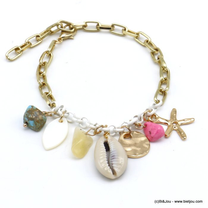 bracelet plage coquillage cauri éclats pierre nacre étoile de mer métal chaîne maille rectangulaire femme 0220116