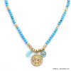 collier billes en pierre naturelle, pendentif médaillon en métal et étoile du nord en émail, pompon fil, femme 0120133 bleu turq