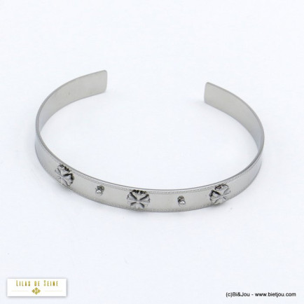 bracelet jonc ouvert minimaliste tréfle acier inoxydable femme 0220505