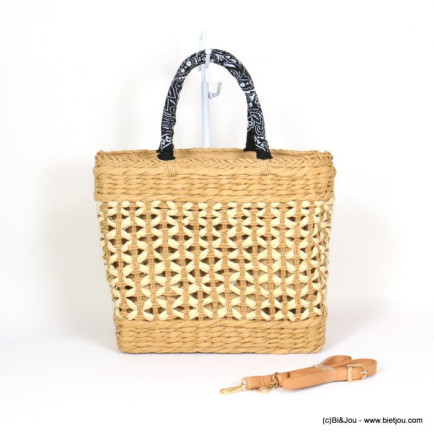 panier de plage corde papier tressé poignées enveloppées tissu femme 0921058