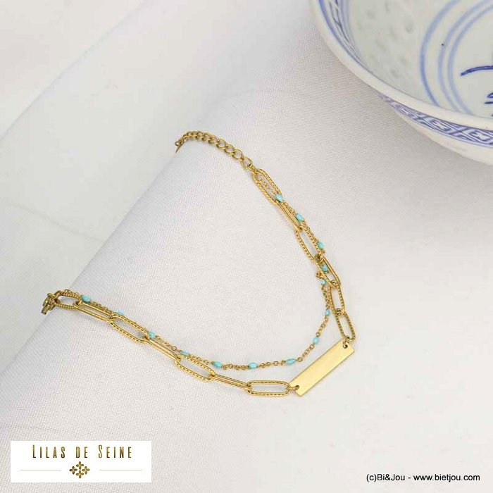 bracelet double-rang plaque rectangle acier inoxydable femme 0221014 turquoise