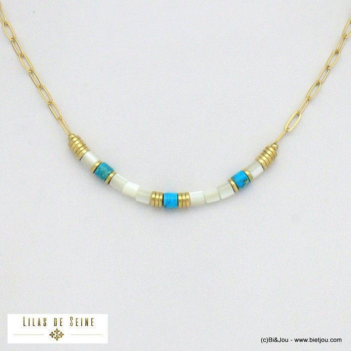 collier tubes pierre nacre acier inoxydable femme 0121076 bleu turquoise