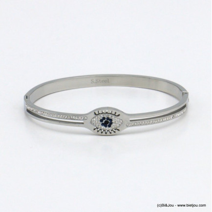 bracelet jonc ouvrable oeil porte-bonheur strass acier inoxydable femme 0221106