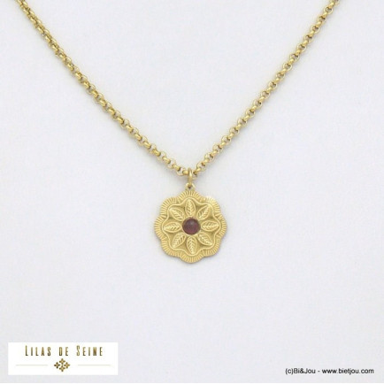 collier pendentif fleur cabochon pierre acier inoxydable femme 0121509