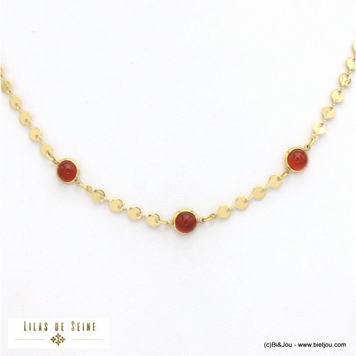 collier sequins cabochon pierre acier inoxydable femme 0121523 rouge bordeaux