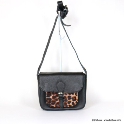 sac à bandoulière façon cartable CUIR VERITABLE grainé poche poils ras léopard femme 091541