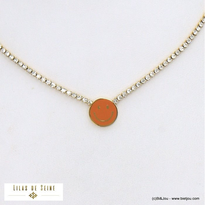collier ras de cou strass smiley émail acier inoxydable femme 0121553 jaune