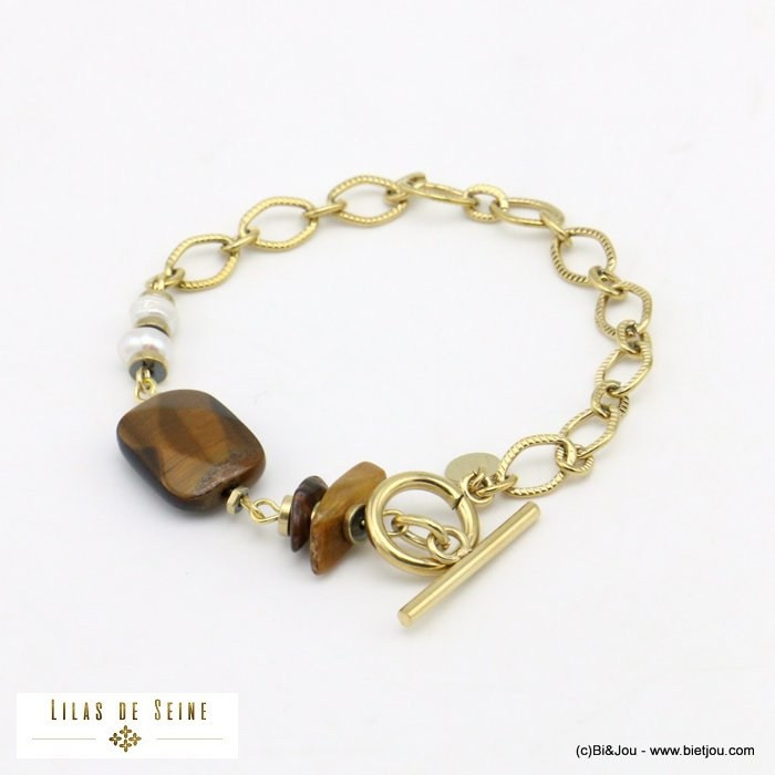 bracelet chaîne pierre naturelle perle eau douce fermoir T batonnet acier inoxydable femme 0221556