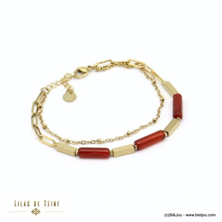 bracelet double rang chaîne tubes pierre acier inoxydable femme 0221562