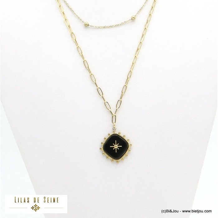 collier double rang baroque rococo pierre naturelle soleil acier inoxydable femme 0121566 noir