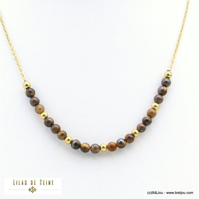 Collier chaîne fine billes 3mm pierre naturelle acier inoxydable femme 0121564 marron
