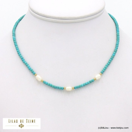 collier acier inoxydable billes pierre naturelle perle eau douce femme 0122016