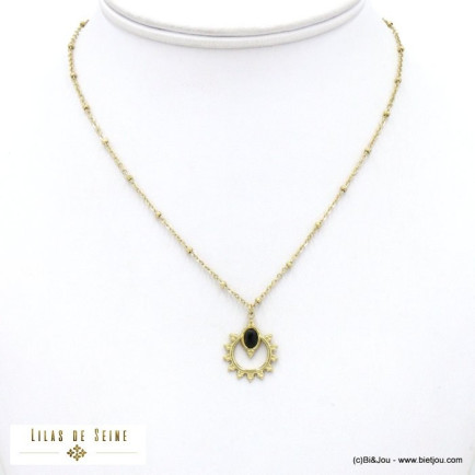 collier acier inoxydable rococo pendentif ajouré cabochon pierre femme 0122029
