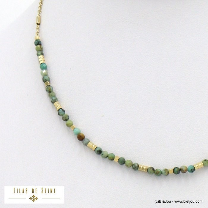 Collier acier inoxydable tubes billes facettées pierre femme 0122020 vert foncé