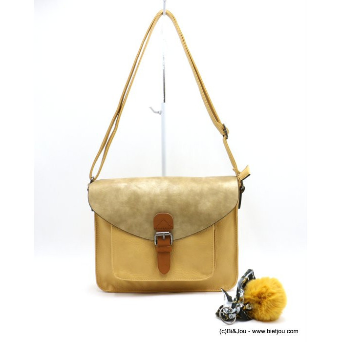sac à bandoulière cartable Flora&Co simili-cuir souple rabat scintillant boule de poil foulard femme 0922050