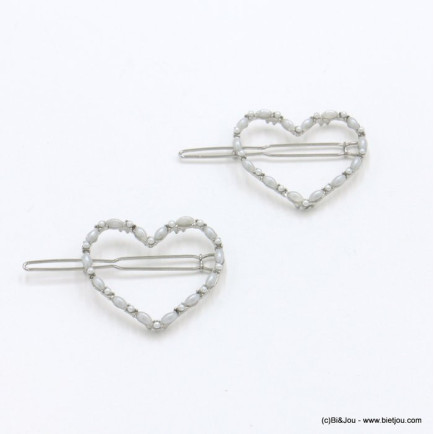 2 pinces plate à cheveux coeur métal perles femme 0622029
