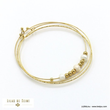 3 bracelets semainier jonc fin acier inoxydable perle eau douce femme 0222118