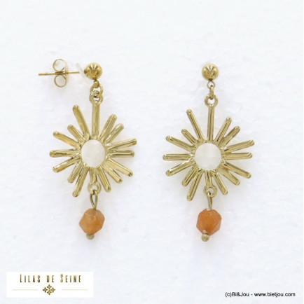 boucles d'oreilles acier inoxydable soleil rayonnant bille facettée pierre femme 0322036