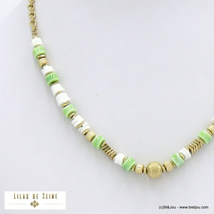 collier acier inoxydable surfeur disques céramique nacre femme 0122080 vert