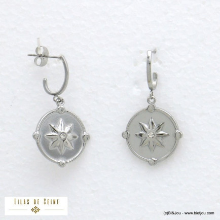 boucles d'oreille étoile gravée strass acier inoxydable femme 0321089