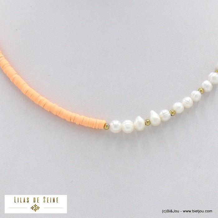 collier plage surfeur rondelles Heishi perles d'eau douce acier inoxydable 0122096 saumon