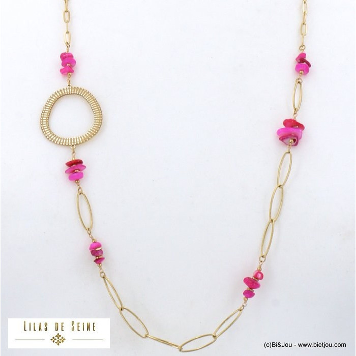 sautoir acier inoxydable anneau chips pierre femme 0122134 fushia