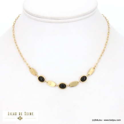 collier acier inoxydable intercalaires ovales cabochon pierre naturelle chaîne maille rectangle femme 0122519
